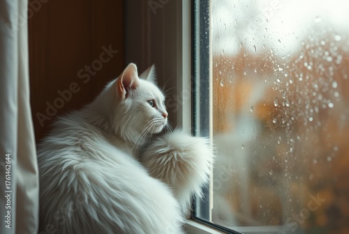 A fluffy white cat gazes out of a rain-soaked window, creating a serene and contemplative atmosphere.
