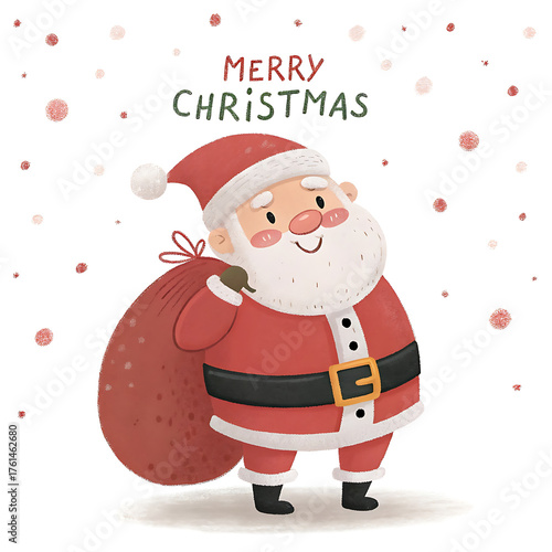 Cute cartoon santa claus carrying a sack of presents and wishing merry christmas