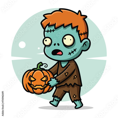 Adorable Zombie Boy Character Carrying a Jack O Lantern Illustration