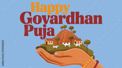 Happy Govardhan Puja with Mountain and Hand Design