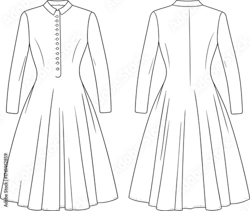 Cad drawing flat vector illustration, technical fashion sketch, long sleeve button-down dress, flared skirt, collared neckline, garment construction reference