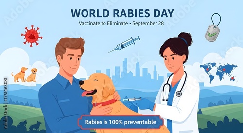 World rabies day illustration showing vaccination and prevention efforts with a veterinarian and dog owner, emphasizing global health and disease control