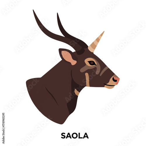 A profile illustration of a Saola with two dark horns and a single beige horn