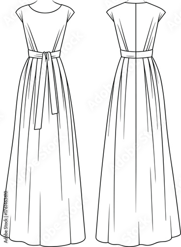 Cad drawing flat vector illustration, technical fashion sketch, cap sleeve long dress, round neckline, pleated skirt, garment construction reference