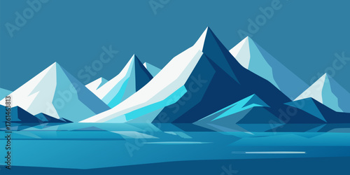 Arctic landscape with sharp icebergs and calm water reflection