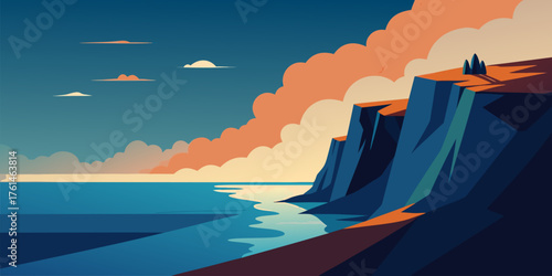 Coastal Cliffs Ocean Sunset Landscape Illustration