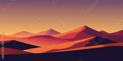 Desert landscape at sunset with rolling dunes and distant mountains