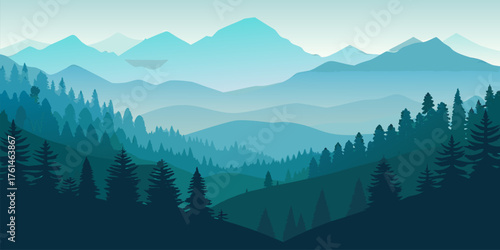 Misty Blue Mountain Forest Landscape Illustration mountains