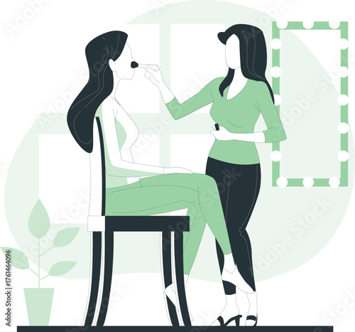 Makeup artist applying makeup to a woman in a studio with a mirror female