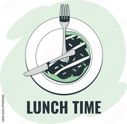 Lunch time concept with plate, fork, knife and clock face on food meal eating