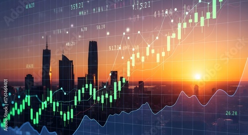 Financial analysis overlaying a cityscape at sunrise, depicting market trends and investment data.