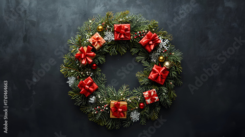 Festive Christmas Wreath Decorated with Red Gift Boxes, Baubles, and Winter Greenery on a Dark Textured Background