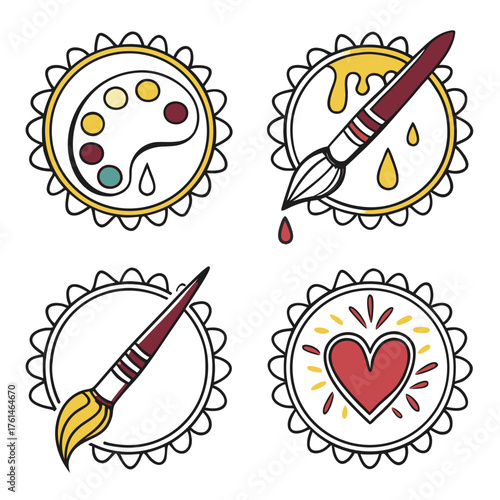 Artistic paint brushes and palette badges vector illustration set for creative projects