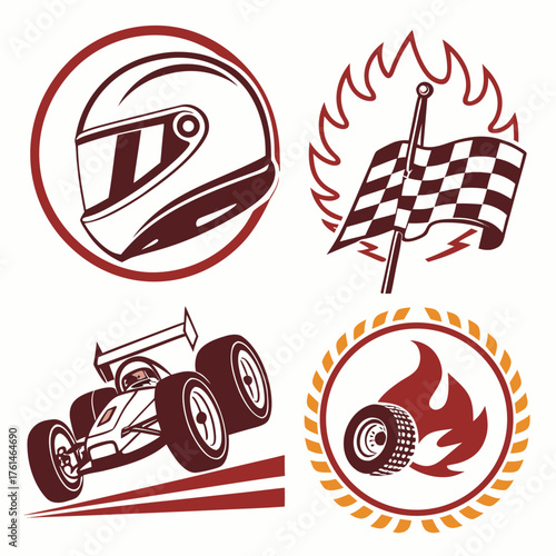 Vector racing badges speed helmet checkered flag race car flames laurel wreath set