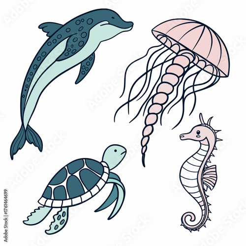 Dolphin turtle jellyfish seahorse underwater marine life vector illustration collection