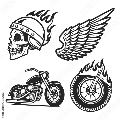 Motorcycle biker club emblems flaming skull winged wheel vector graphics set