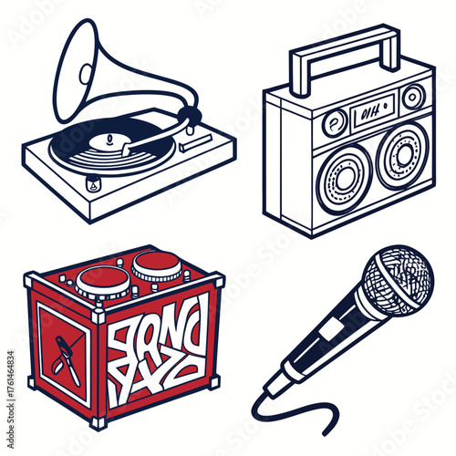 Urban music icons set vector illustration turntable boombox microphone graffiti