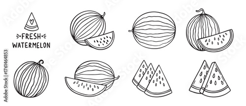watermelon and watermelon slices summer doodle hand drawn icon set. Outline drawing watermelon line clipart symbol collection