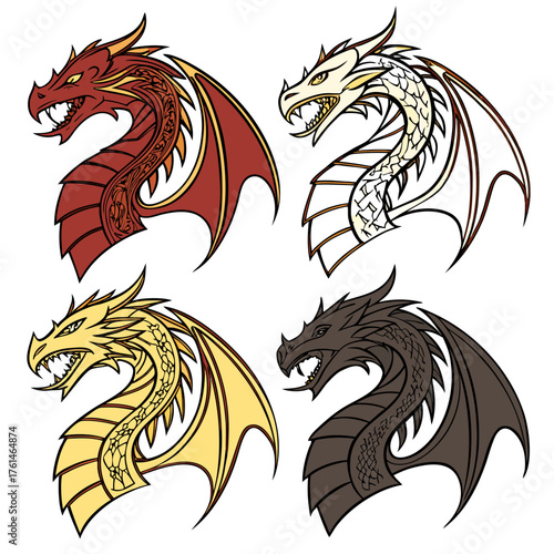 Four fantasy dragon emblems vector illustration pack scalable icons for gaming and mythology