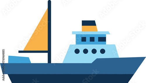 Stylized blue and yellow boat illustration on a white background for nautical themes