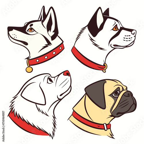 Four dog breed heads husky pug labrador vector illustration scalable pet art