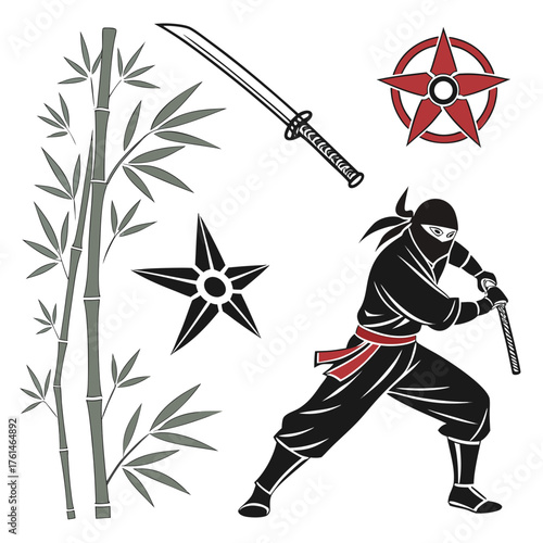 Ninja warrior art pack vector set scalable illustration for graphics design projects