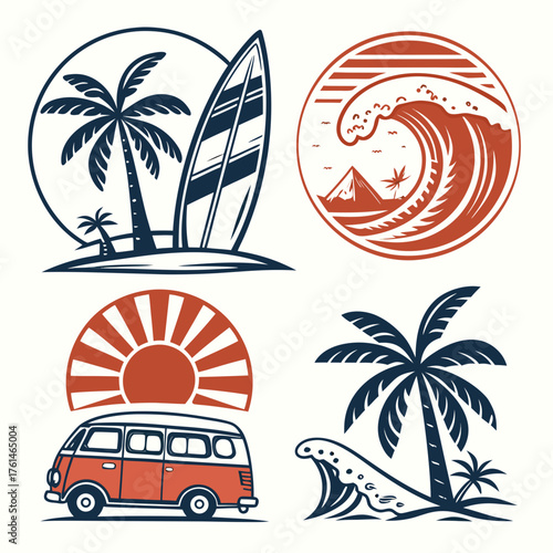Surf vibes vector badges set palm tree wave surfboard van sun and beach icons