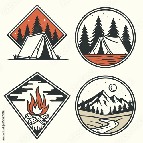 Vector camping badges four elements nature adventure icons tent campfire mountains forest