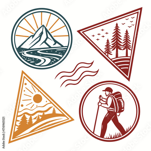 Vintage retro adventure badges set hiking mountain nature expedition vector illustration