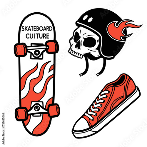 Skateboard culture graphics vector pack featuring skateboard skull helmet and shoe