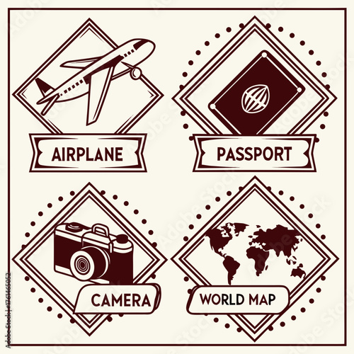 Travel inspired vector badges featuring airplane passport camera world map icons