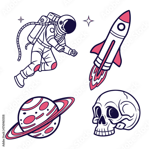 Set of 4 space themed vector graphics astronaut rocket planet skull for t-shirt design
