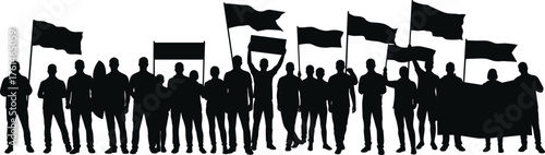 Silhouette of protest crowd with flags and banners, people demonstrating together, activism, unity, revolution, freedom, human rights, social justice illustration