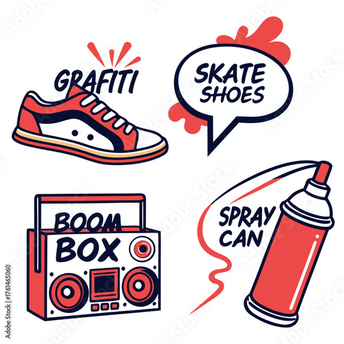 Urban streetwear vector graphics set graffiti skate shoes boom box spray can