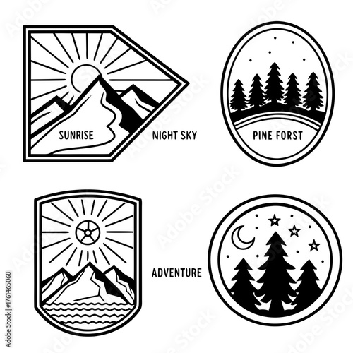 Set of 4 mountain silhouette vector badges nature landscape outdoor adventure icons