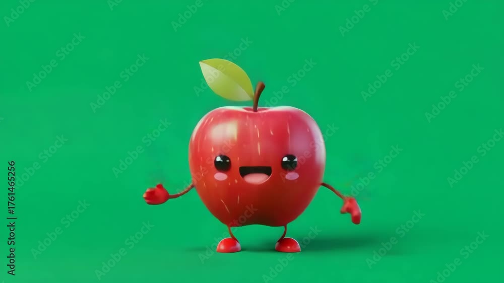 Animated red apple character with a leaf waving on a green background ...