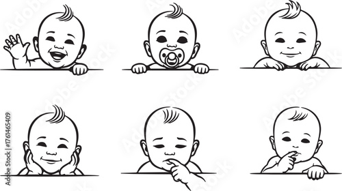 Six Diverse Baby Expressions in Line Art