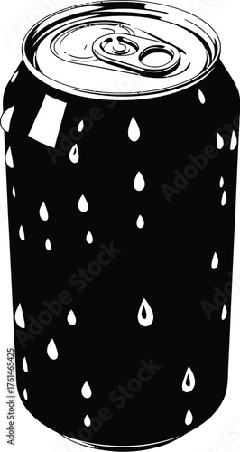 Isolated black and white soda can with water droplets illustration