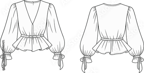 Women's blouse technical fashion sketch, front and back view, peplum hem, puff sleeves, belt