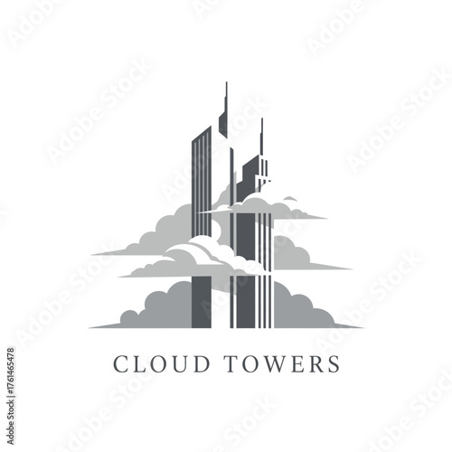 Minimalist Art Deco Skyscraper Cloud Towers Logo