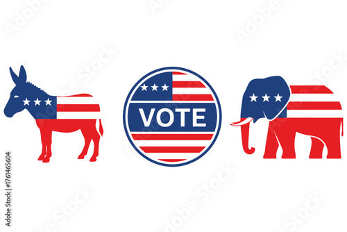 Political symbols line art isolated on white background, representing the democratic and republican parties in a patriotic american flag theme vector illustration