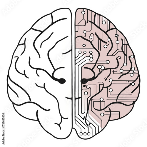 AI Hybrid Brain Vector.Perfect for neuroscience, AI psychology, medical tech presentations