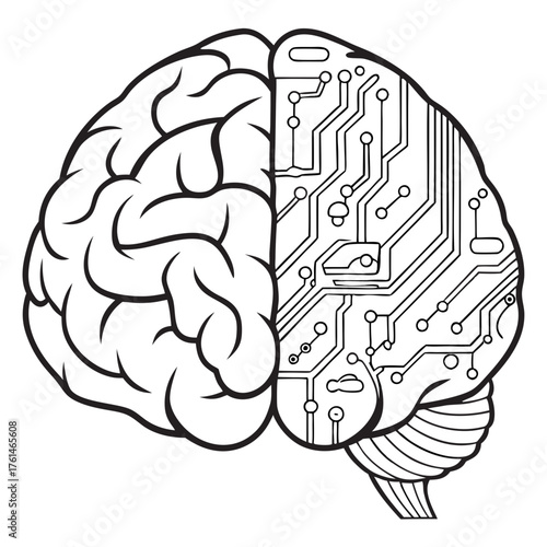 AI Hybrid Brain Vector.Perfect for neuroscience, AI psychology, medical tech presentations
