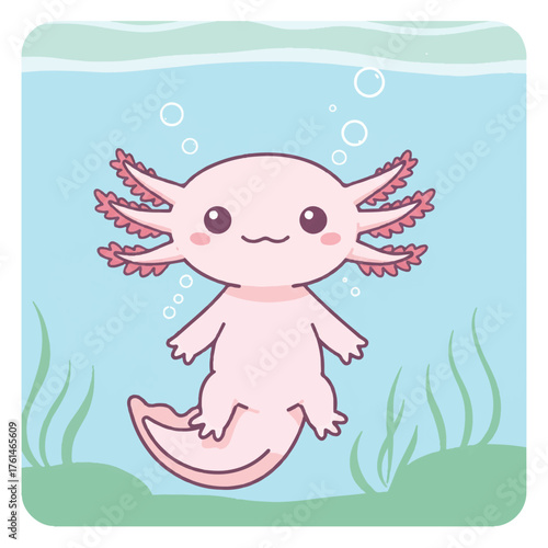 Adorable cartoon axolotl with pink gills and blushing cheeks in blue water