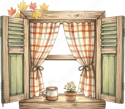 Handdrawn Watercolor Rustic Window with Curtains, Coffee and Flower Pot Illustration