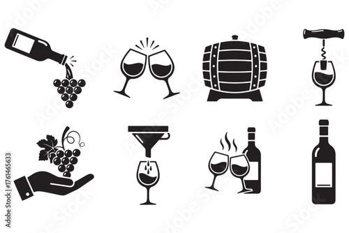 Assortment of wine related icons representing different aspects isolated on white background vector illustration