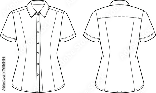 Cad drawing flat vector illustration, technical fashion sketch, short sleeve button-up shirt, princess seams, cuff detail, garment construction reference