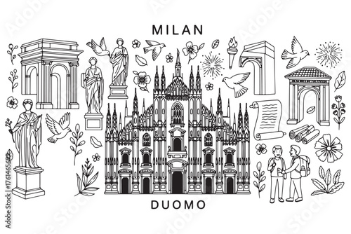 Detailed illustration of milans duomo and landmarks isolated on white background, capturing the citys rich history and architectural beauty vector illustration