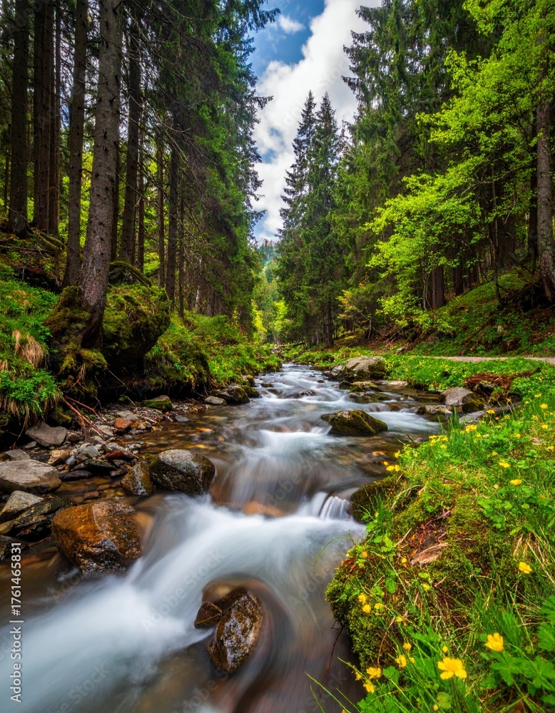Fototapeta premium Mountain stream or river in a forest, spring nature landscape