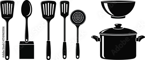 Collection of essential black kitchen utensils and cookware for meal preparation